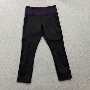 Lululemon Crop Leggings Size 6 Black Purple Ruched Ruffle Yoga Gym Pants